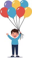 Happy child joyfully holding colorful balloons in a flat, minimal style art vector