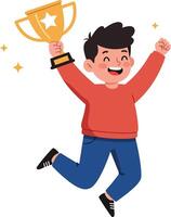 Happy child celebrating victory with trophy in flat design style art vector