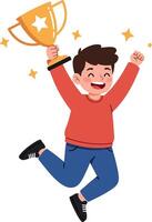 Happy child celebrating victory with trophy in flat illustration style depicting joy and excitement art vector