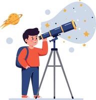 Boy observing stars through telescope in colorful flat illustration with planets and celestial elements in space vector
