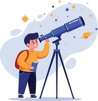 Child observing stars through telescope in a colorful, flat design art vector