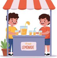 Two boys selling fresh lemonade at a colorful stall in flat art style vector