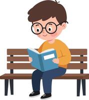 Young boy reading a book while sitting on a bench in flat illustration vector