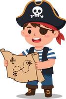 Pirate boy character holding a treasure map in a playful, colorful, flat design illustration vector