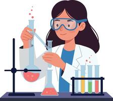 Young scientist conducting experiments in a laboratory with colorful liquids in flat art vector
