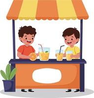 Two cheerful boys at a colorful juice stand in minimal flat illustration vector