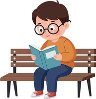 Young boy sitting on a bench reading a book in a colorful flat illustration vector