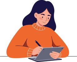 Young woman focused on digital drawing in minimal style with vibrant colors and clean lines illustration vector