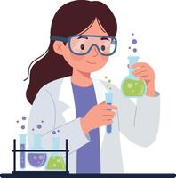 Female scientist conducting experiments in laboratory with colorful liquids in flat illustration vector