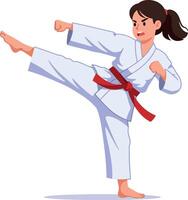 Dynamic karate girl performing a high kick in a flat, colorful style illustration vector