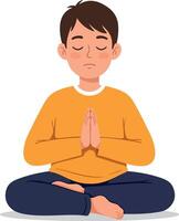 Young boy meditating in a calm pose with flat design elements in vibrant colors art vector