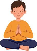 Young boy meditating in a calm pose with a minimalistic flat design style illustration vector