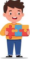 Child holding colorful puzzle pieces in flat and cheerful design style illustration vector