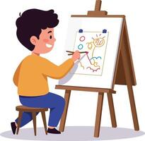 Young boy happily drawing colorful shapes on an easel in a flat art style vector