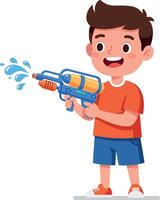 Happy child playing with a colorful water gun in a flat illustration style of joy and fun vector