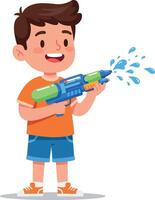 Happy child holding a colorful water gun in a fun flat illustration vector