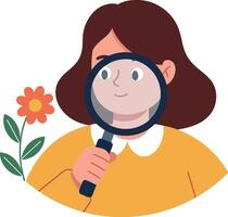 Curious girl examining flower with magnifying glass in minimal flat art vector