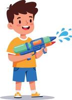 Happy child holding a colorful water gun in a minimal flat design art vector