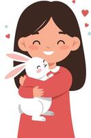 Happy girl embracing white rabbit in flat style illustration with hearts and cheerful expression vector
