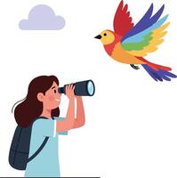 Person observing colorful bird through binoculars in flat illustration style vector