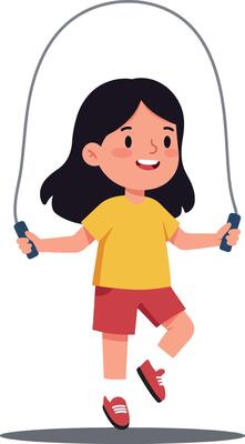 Girl joyfully skipping rope in bright colors, flat design showcasing movement and energy, illustration