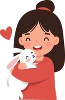 Girl joyfully hugging a cute white rabbit in a flat and colorful design art vector