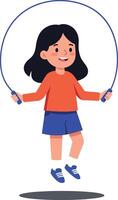 Girl jumping rope in playful pose with bright colors in flat art style showcasing fun and activity vector