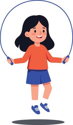 Girl jumping rope in playful pose with bright colors in flat art style showcasing fun and activity