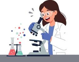 Scientist examining samples using a microscope in a flat style art illustration vector