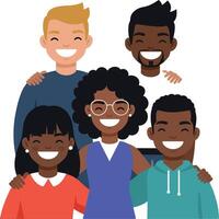 Group of diverse friends smiling joyfully in a flat and colorful style illustration vector
