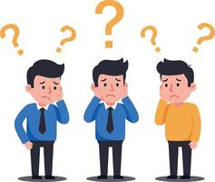 Three male characters expressing confusion in a colorful flat design illustration vector