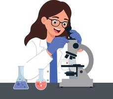 Scientist examining samples with microscope in flat style art illustration vector