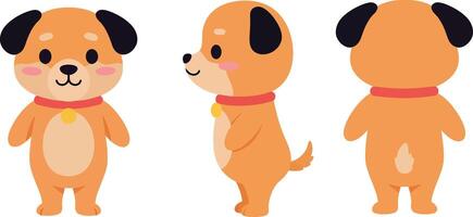 Cute cartoon dog character shown in three different angles in flat design art vector