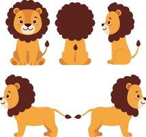 Cute lion character design in flat style showcasing various angles and expressions in art vector