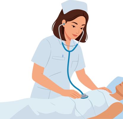Nurse checking patients heartbeat with stethoscope in flat art style illustration