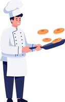 Chef flipping pancakes in a dynamic motion using a frying pan flat illustration vector