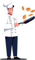 Chef tossing pancakes in a frying pan with playful expression, flat design art vector