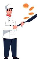 Chef expertly flipping donuts in a playful, flat style illustration for culinary enthusiasts and food lovers vector