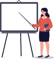Professional woman presenting with pointer in front of blank board in flat art vector