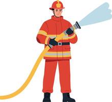 Firefighter using hose in action with bright colors and flat design style illustration vector
