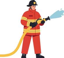 Firefighter in bright uniform spraying water with hose in flat design art vector