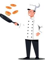 Chef flipping pancakes in flat design style featuring colorful food elements in art vector