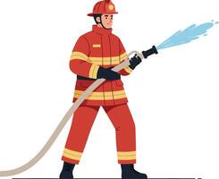 Firefighter in action using hose to spray water in bright colors detailed illustration vector