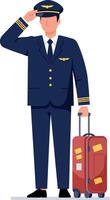 Pilot in uniform saluting with luggage in a flat and minimal design illustration vector