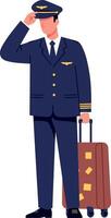 Pilot character in uniform saluting with suitcase designed in flat art style for travel themes vector