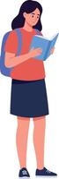 Young woman reading a book with a backpack in a flat, minimal style illustration vector