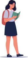 Young girl with backpack reading book in flat minimal art vector