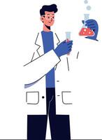 Scientist holding beakers with colorful liquids in a flat minimal style illustration vector