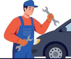 Mechanic holding wrenches inspecting a car in a flat, colorful style illustration vector