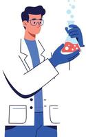 Scientist in laboratory coat examining liquid in flask with bubbles in flat art vector